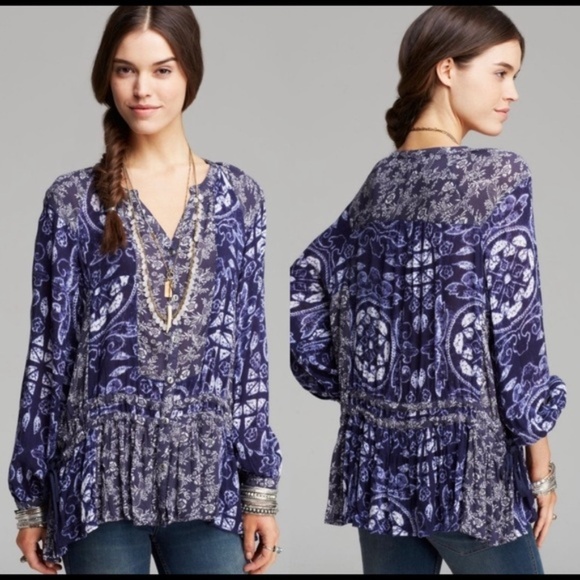 Free People Ratio Print Tunic in Indigo Combo Boho Flowy Patchwork Floral Small - Picture 1 of 14
